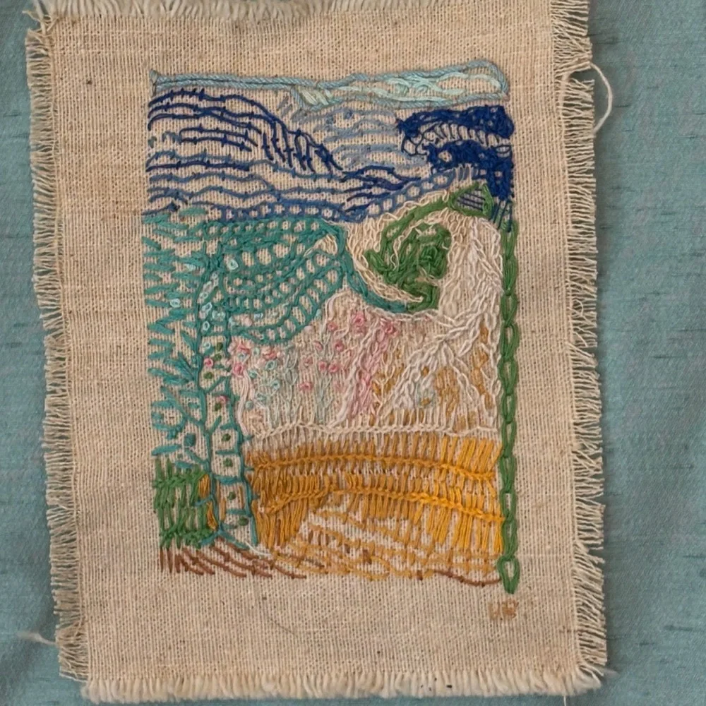 Original Embroidered Wall Hanging with Abstract Design Green Yellow Blue - Picture 5 of 5